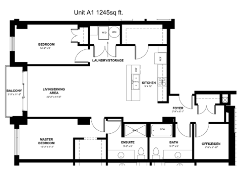 the floor plan of unit a1 1245 sq ft